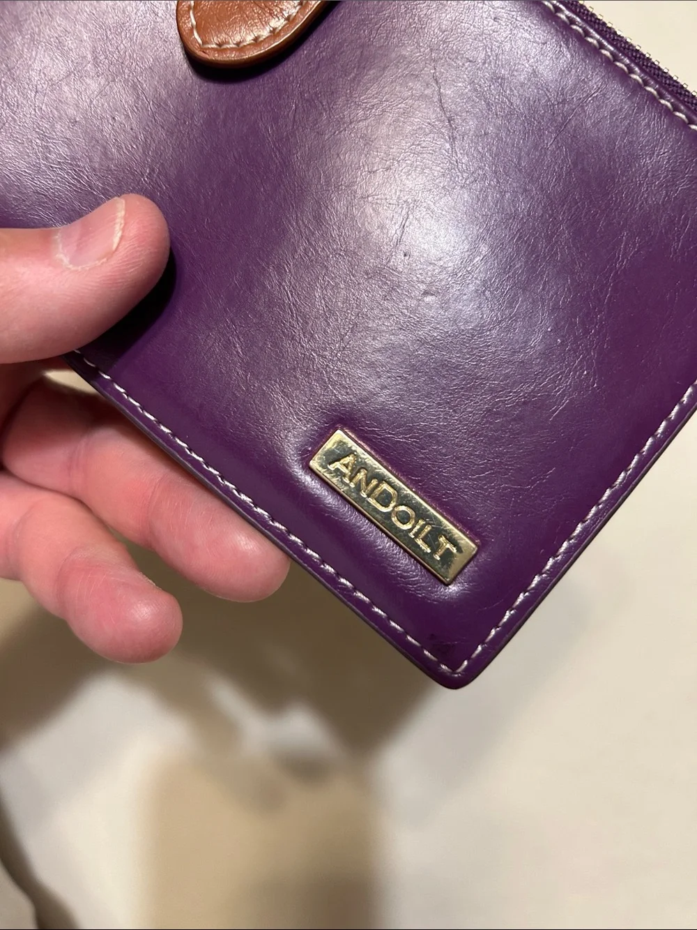 Purple Leather Zip Wallet with Brown Snap Strap